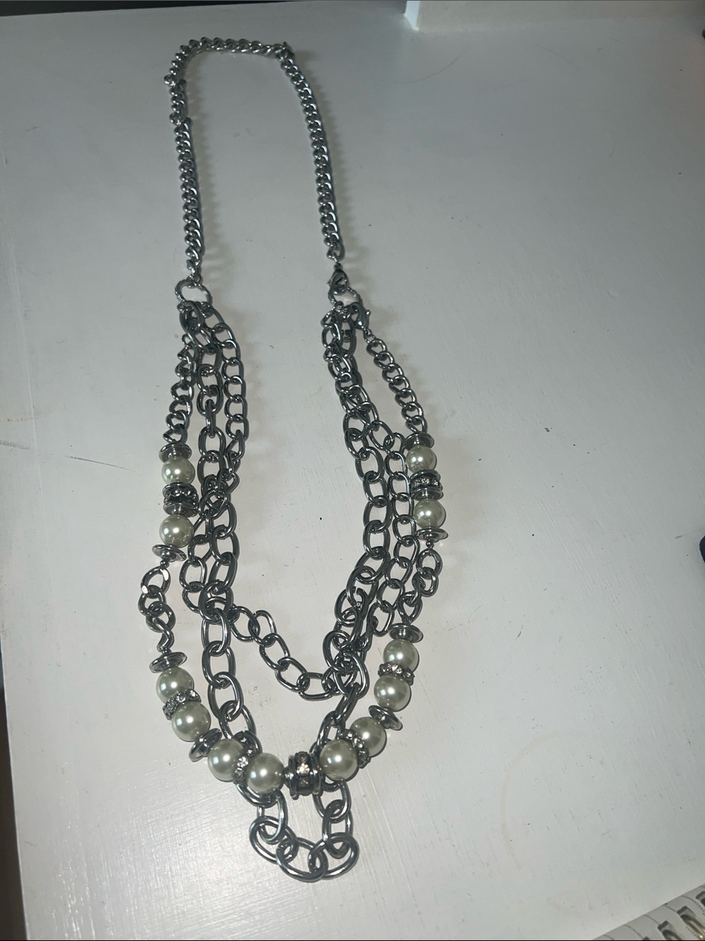 Multi-Strand Silver Chain Necklace with Faux Pearl Accents
